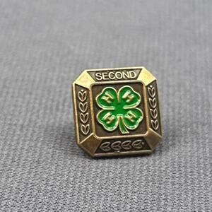 VTG 4-H Second Place Award Pin Green Clover Enamel Gold Tone Lapel Badge